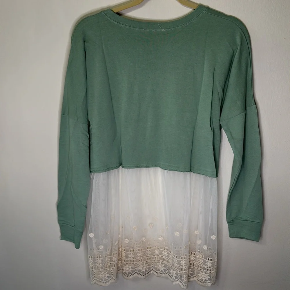 Hayden Los Angeles Mixed Media Cotton/Lace Sage Green Cream Tunic NWT - Picture 6 of 6